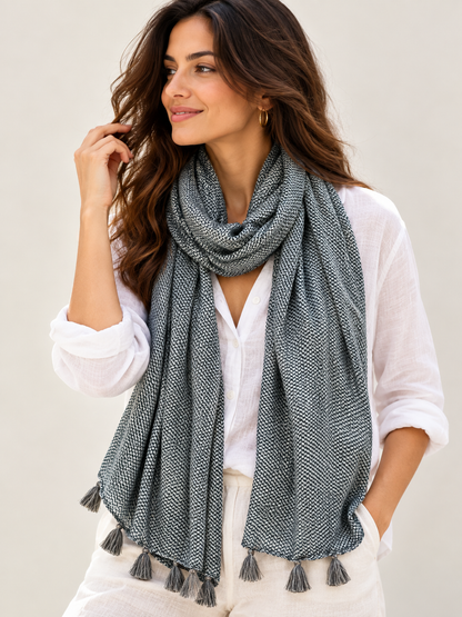 Self Printed Black Scarf with Tassels