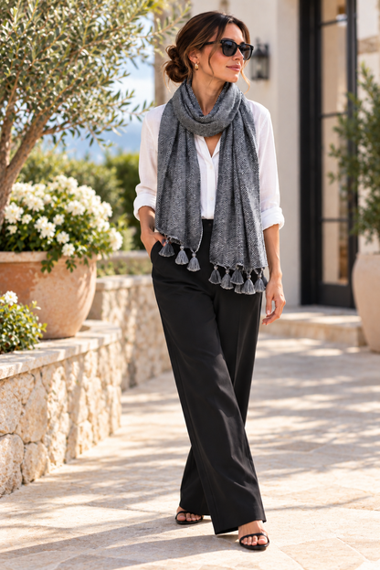 Self Printed Black Scarf with Tassels