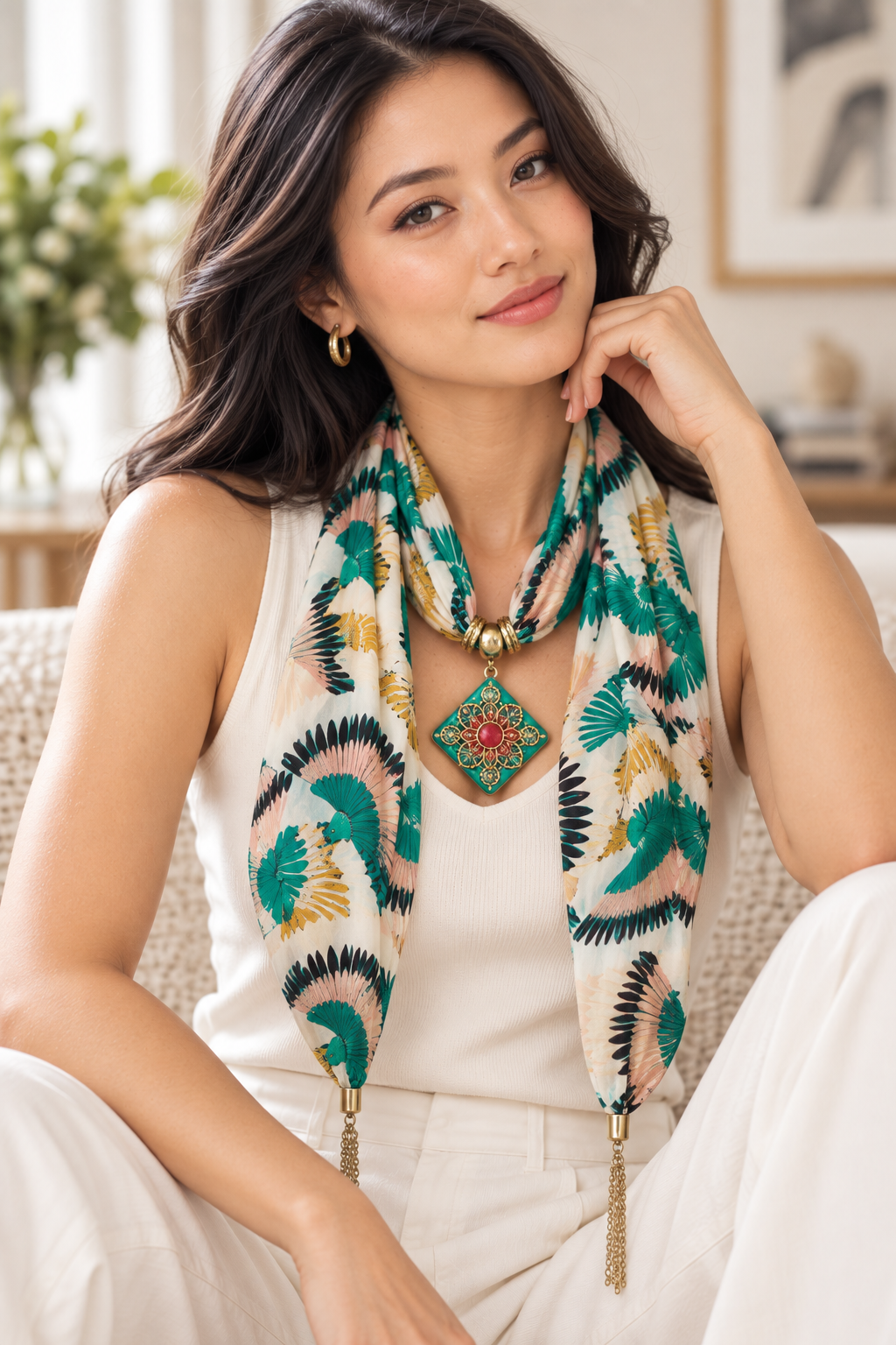 Green Silk Scarf with Semi Precious Stone Pendant