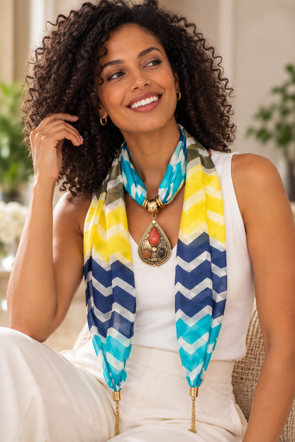 Blue & Yellow Stripes Scarf with Semi Precious Stone Pendant
