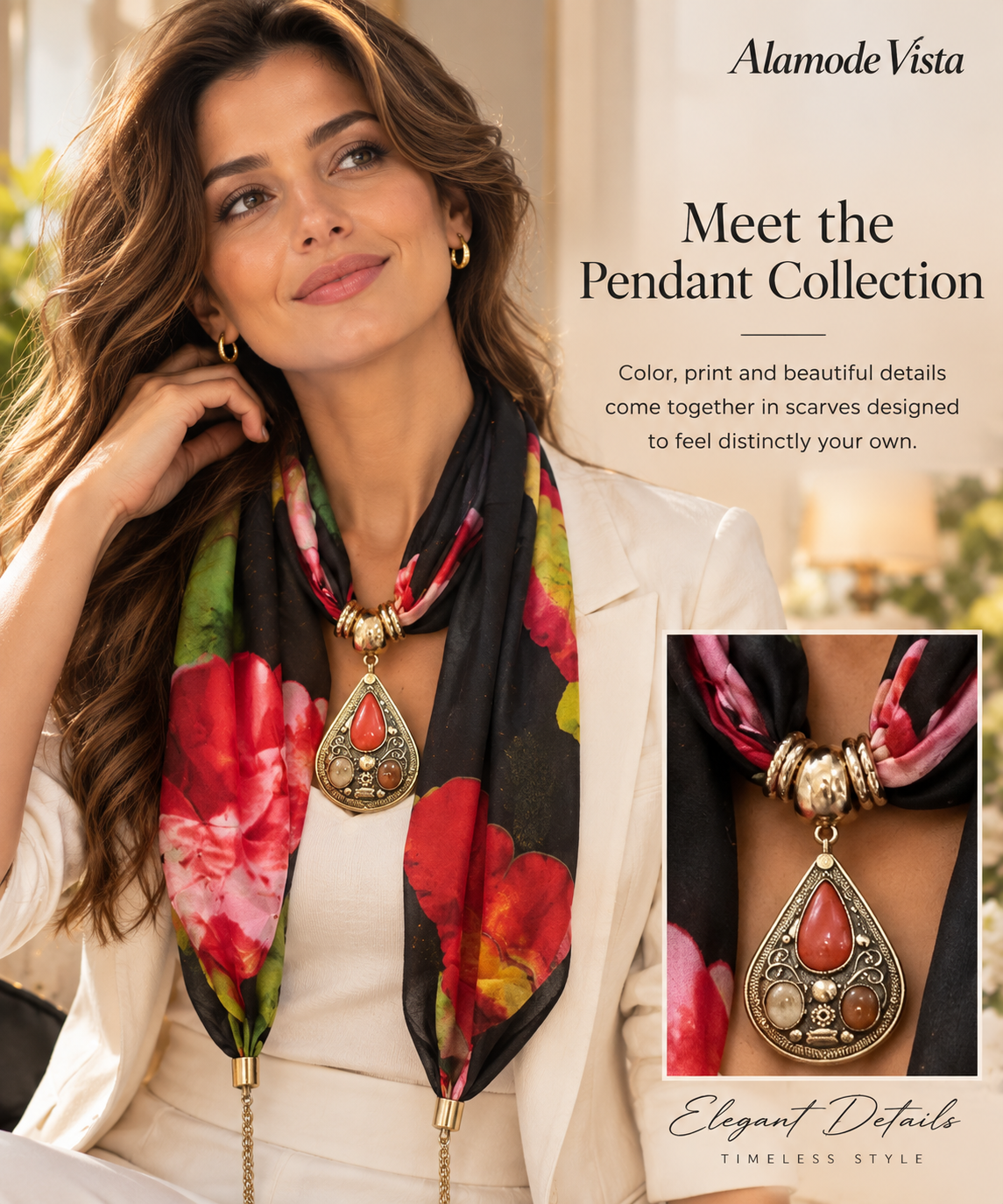 Abstract Print Scarf with Semi Precious Stones Pendant