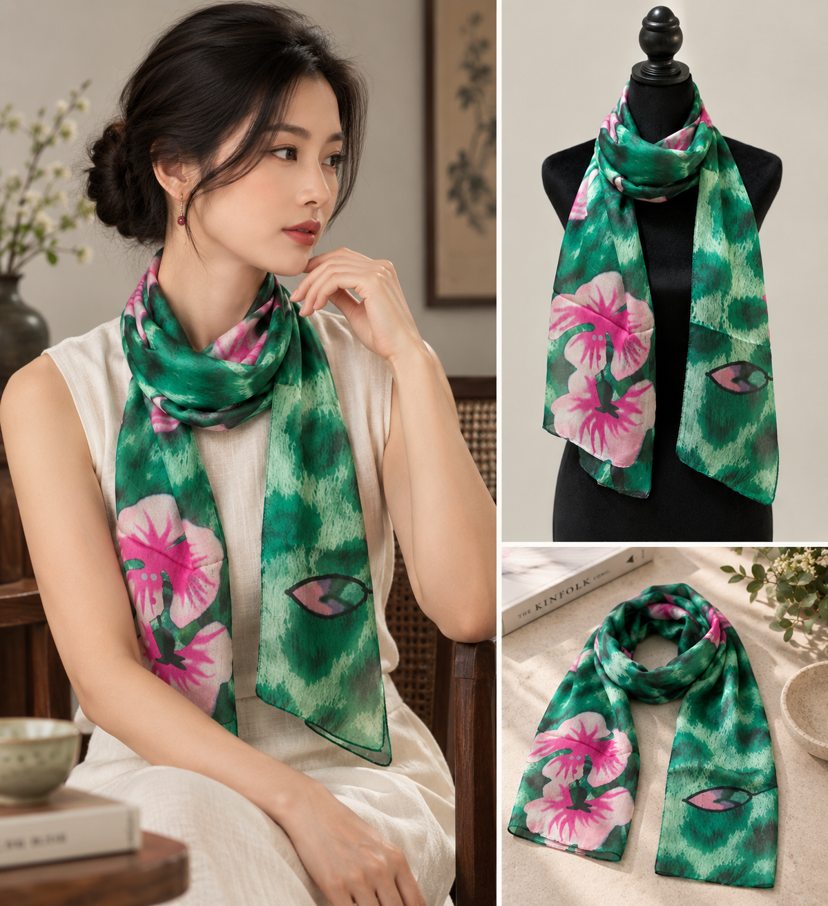 Green Floral Silk Scarf
