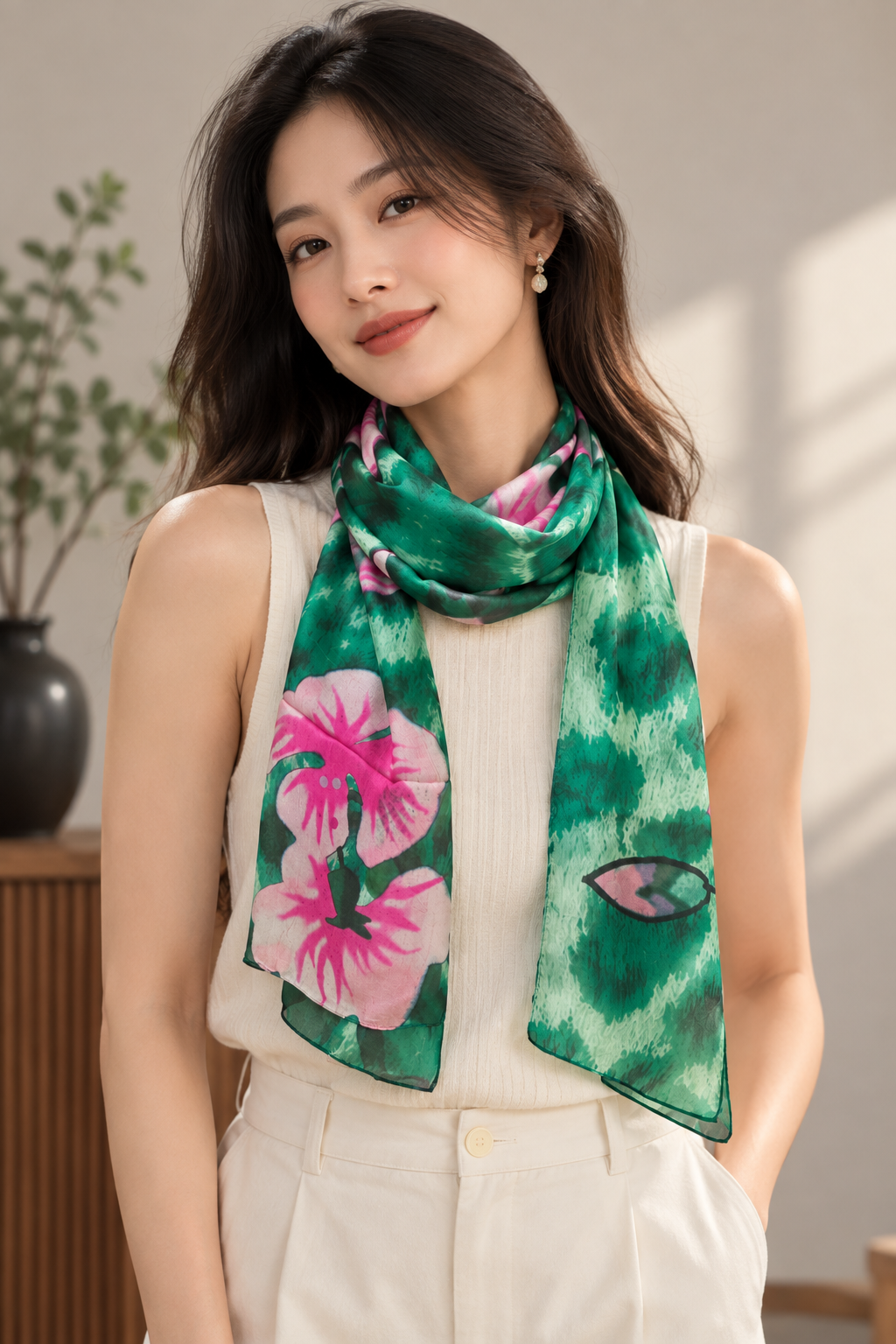 Green Floral Silk Scarf