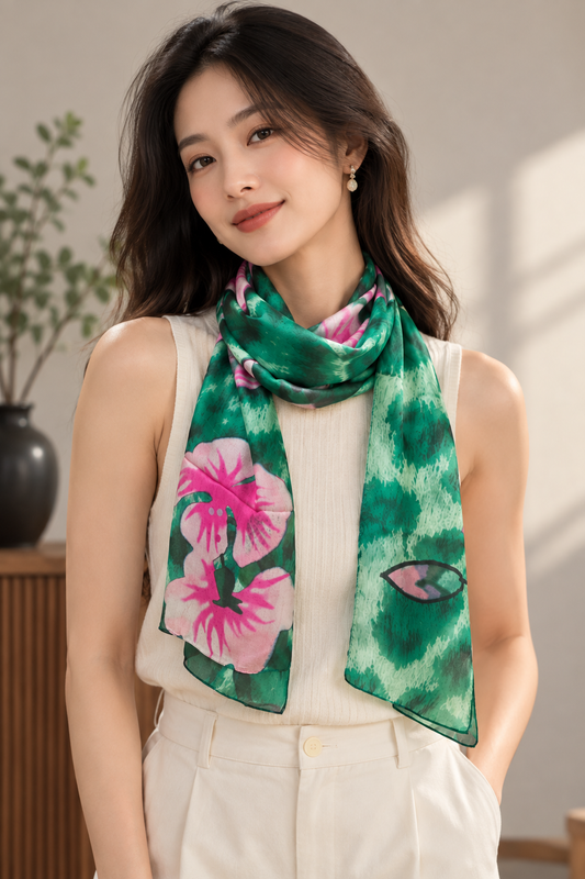 Green Floral Silk Scarf