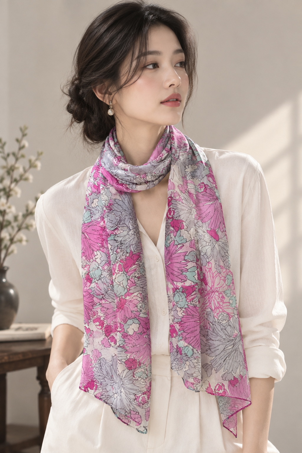 Floral Pink & Grey Silk Scarf
