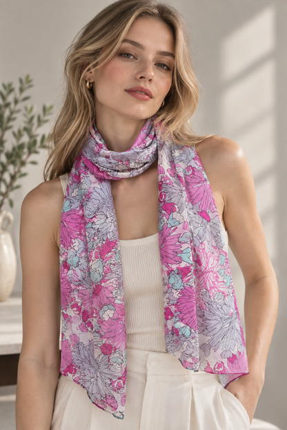 Floral Pink & Grey Silk Scarf