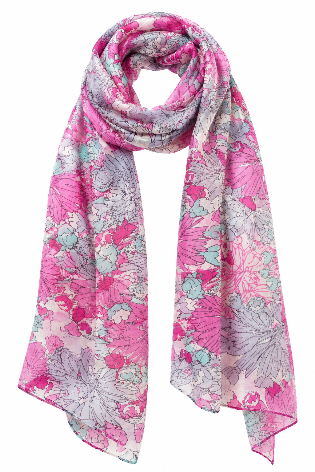 Floral Pink & Grey Silk Scarf