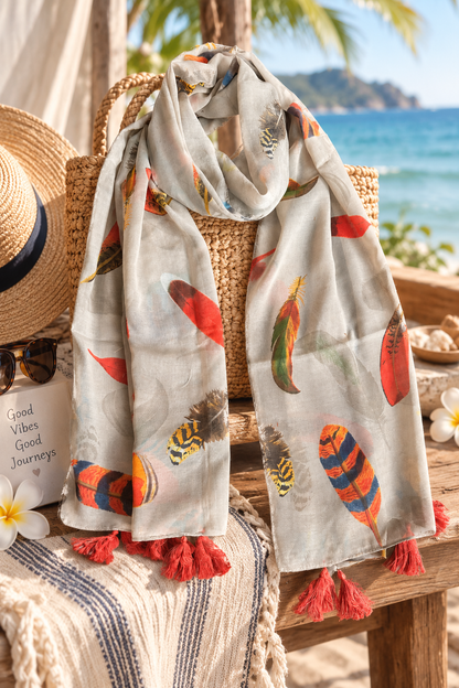 Beige with Orange Feathers Scarf with Tassels