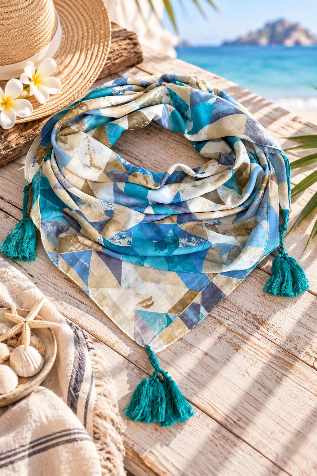 Blue Cotton Scarf with Tassels - Square