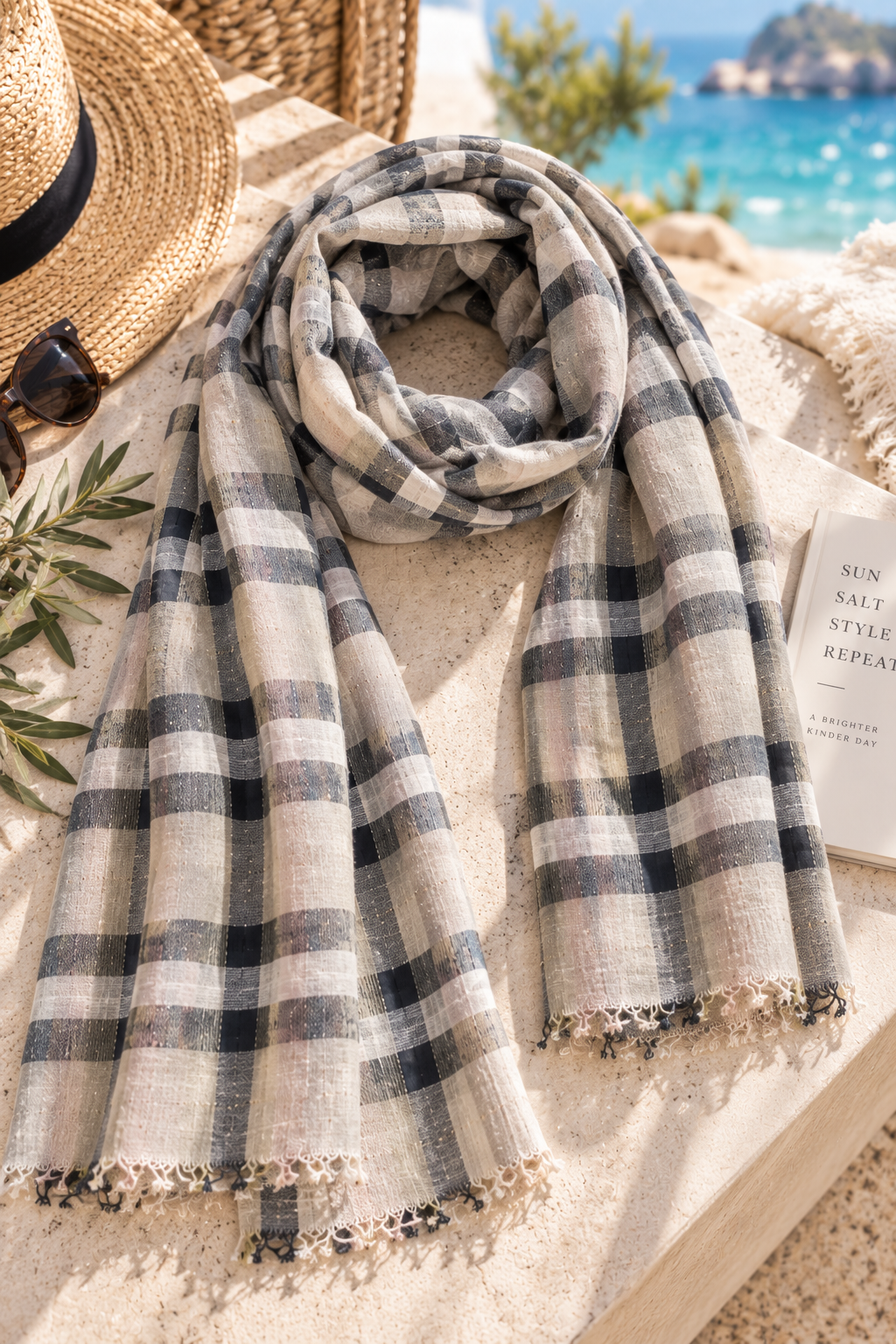 Beige & Black Cotton Linen Scarf