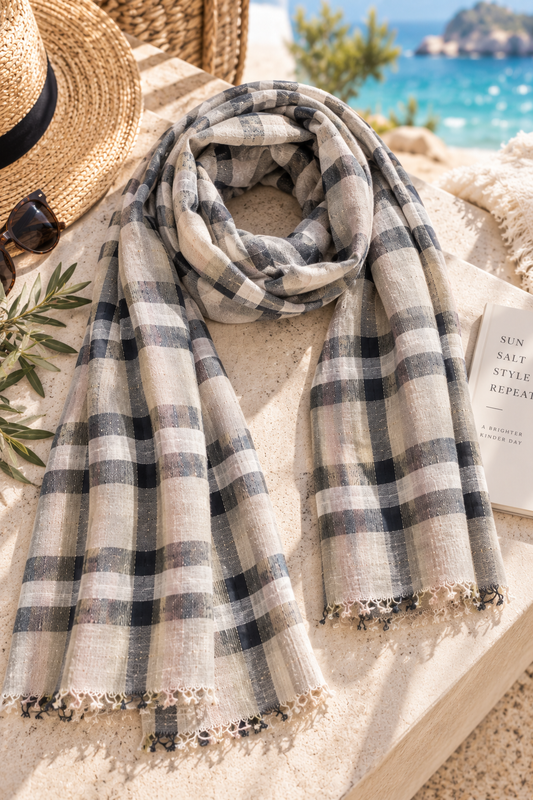 Beige & Black Cotton Linen Scarf