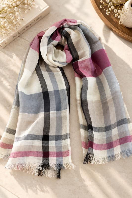 Pink & Grey Checks Cotton Linen Scarf