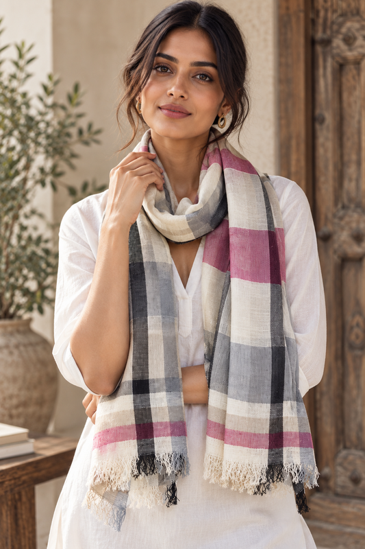 Pink & Grey Checks Cotton Linen Scarf