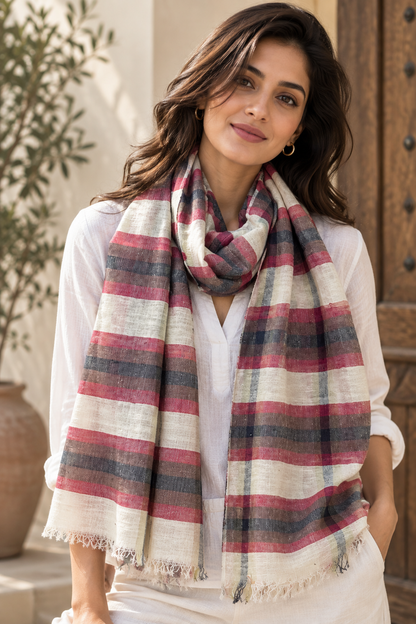 Red & Cream Cotton Linen Scarf