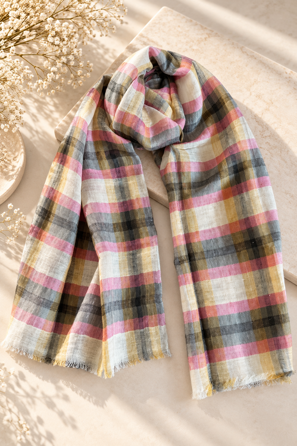 Grey & Pink Check Cotton Linen Scarf