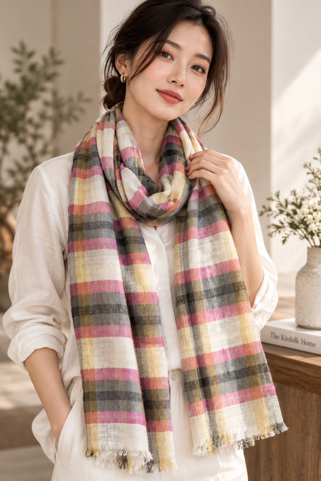 Grey & Pink Check Cotton Linen Scarf