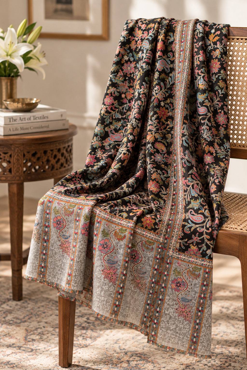 Kalamkari Design Pashmina Wool Shawl - Black