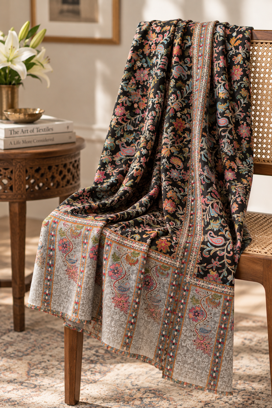 Kalamkari Design Pashmina Wool Shawl - Black