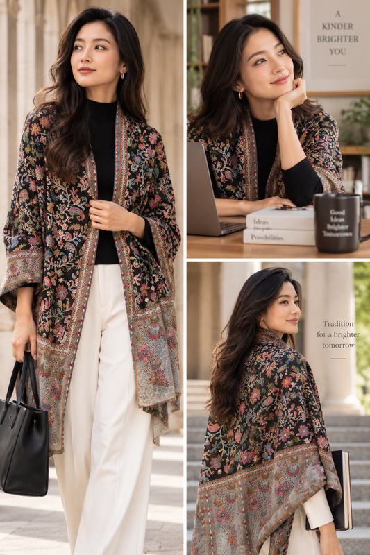 Kalamkari Design Pashmina Wool Shawl - Black