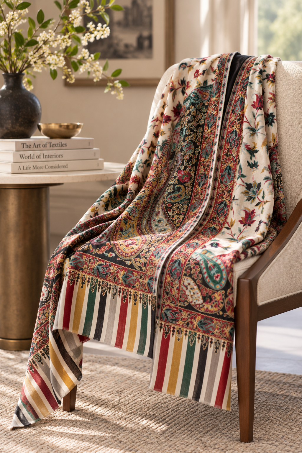 Kalamkari Design Pashmina Wool Shawl - Cream