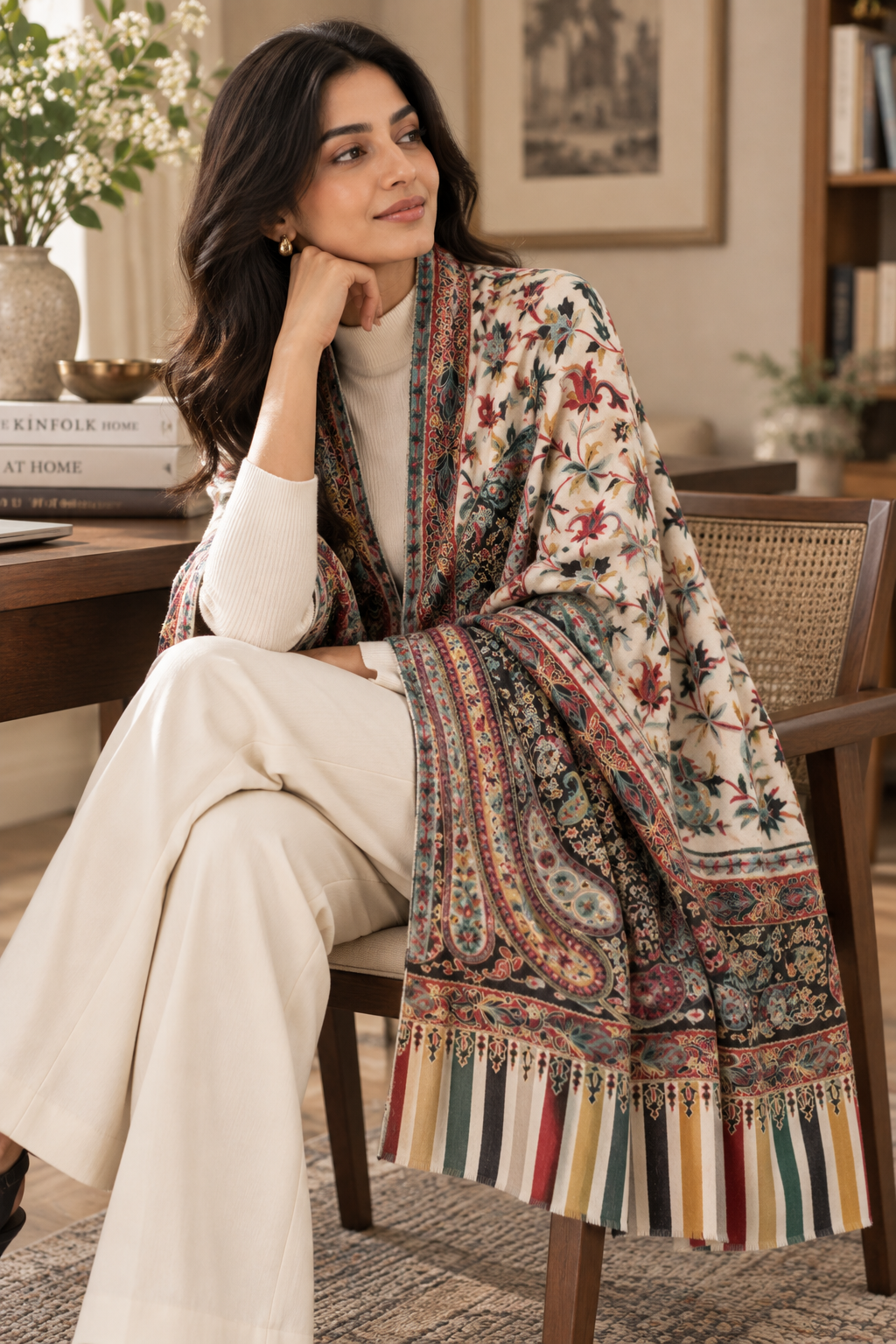 Kalamkari Design Pashmina Wool Shawl - Cream