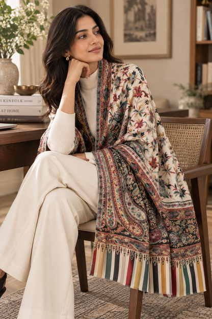 Kalamkari Design Pashmina Wool Shawl - Cream