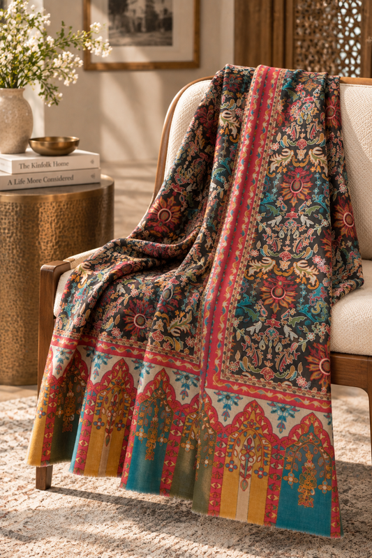 Kalamkari Design Pashmina Wool Shawl - Dark Grey