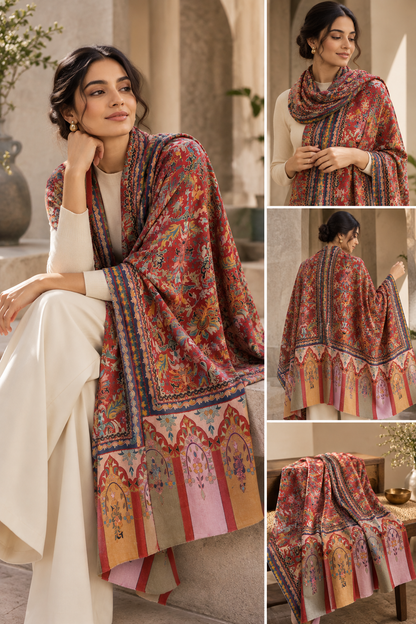 Kalamkari Design Handwoven Pashmina Wool Shawl - Maroon