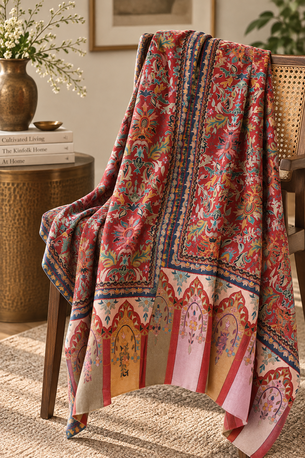 Kalamkari Design Handwoven Pashmina Wool Shawl - Maroon