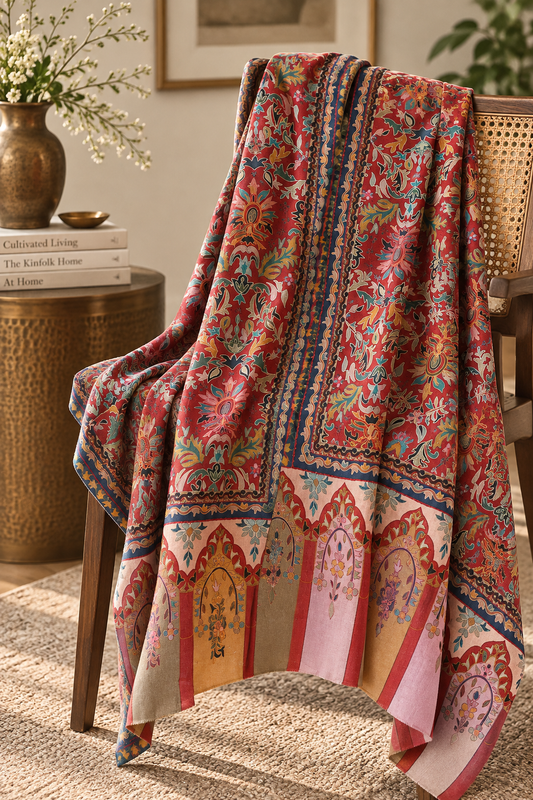 Kalamkari Design Handwoven Pashmina Wool Shawl - Maroon