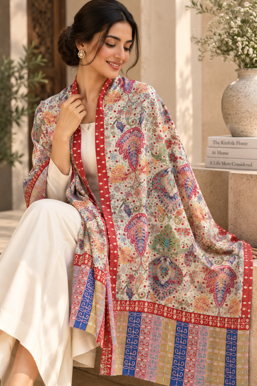 Kalamkari Design Pashmina Shawl - White