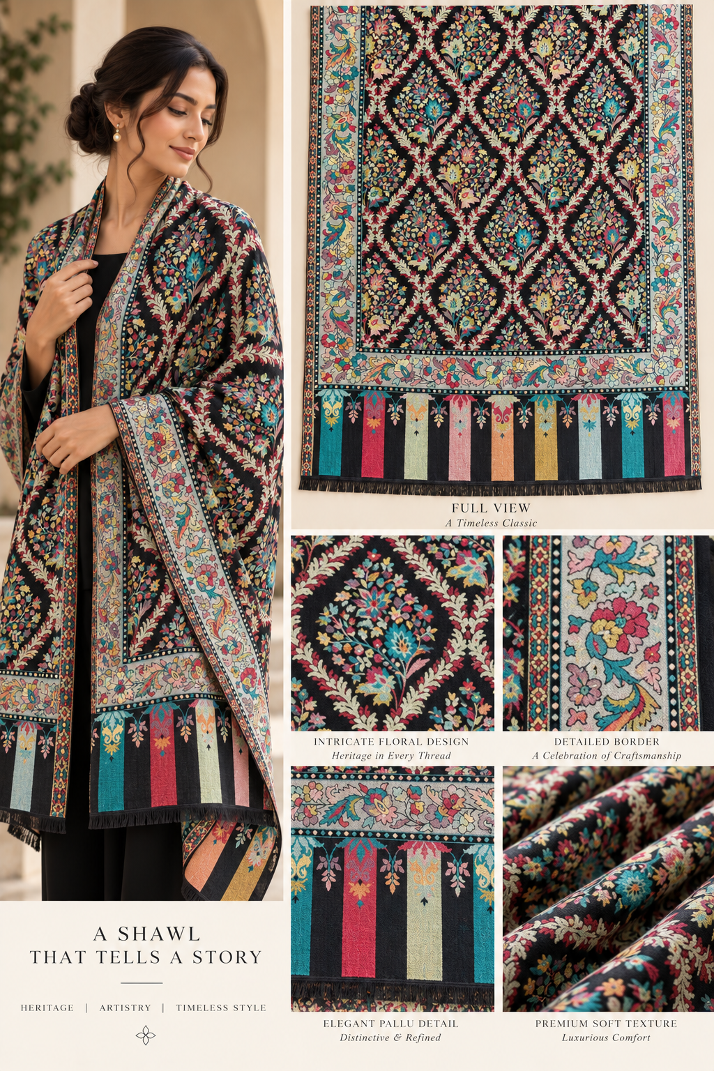 Multicolor Black Kani Pashmina Shawl