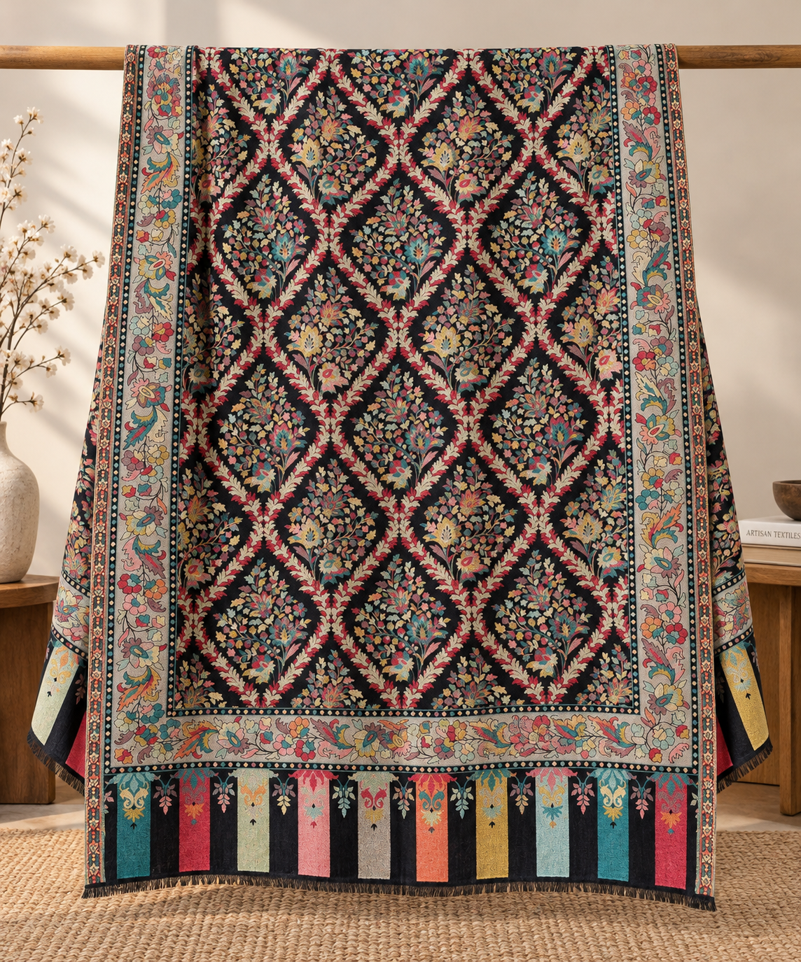 Multicolor Black Kani Pashmina Shawl