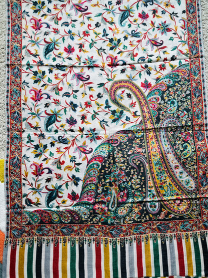 Kalamkari Design Pashmina Wool Shawl - Cream