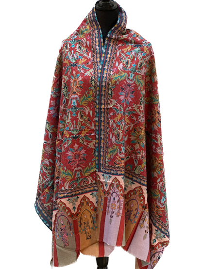 Kalamkari Design Handwoven Pashmina Wool Shawl - Maroon