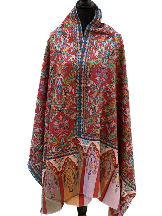 Kalamkari Design Handwoven Pashmina Wool Shawl - Maroon