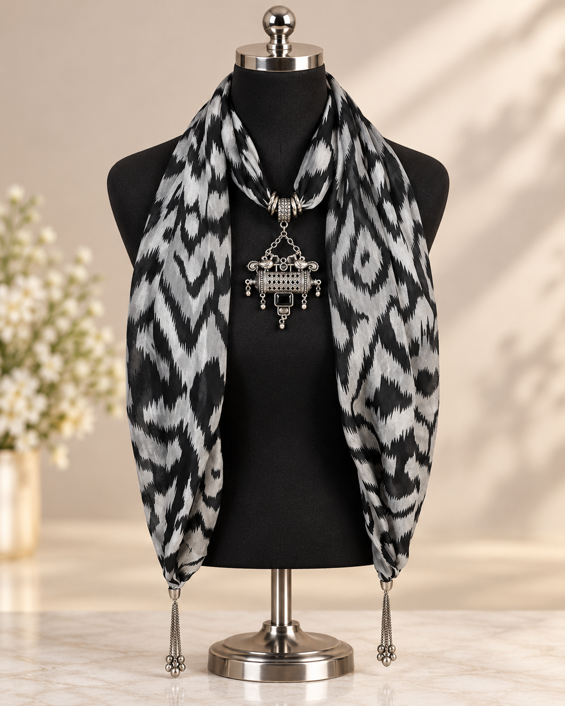 Midnight Ikat — Pure Silk Pendant Scarf