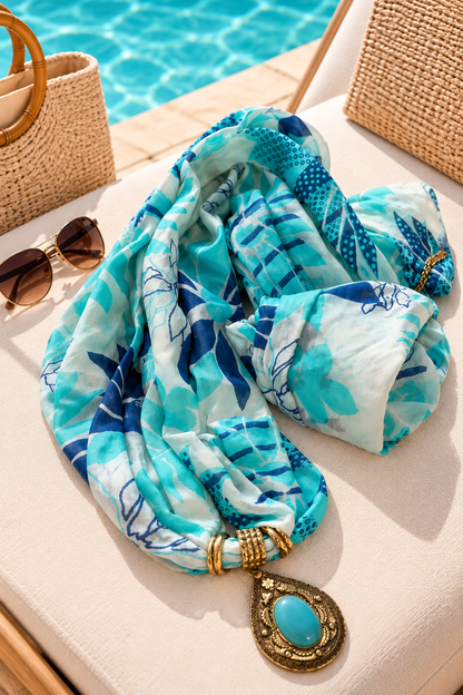 Aqua Bloom — Silk Blend Teardrop Pendant Scarf