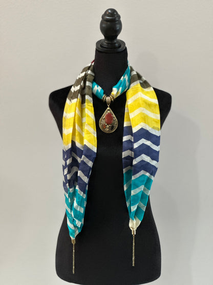 Blue & Yellow Stripes Stole with Semi Precious Stone Pendant