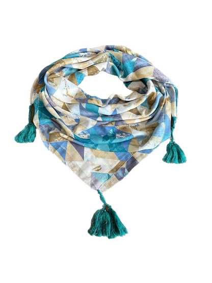 Blue Cotton Scarf with Tassels - Square