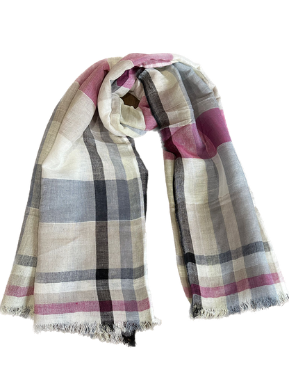 Pink & Grey Checks Cotton Linen Scarf