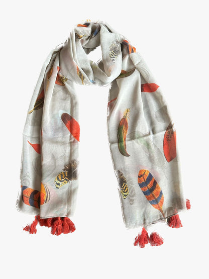 Beige with Orange Feathers Scarf with Tassels