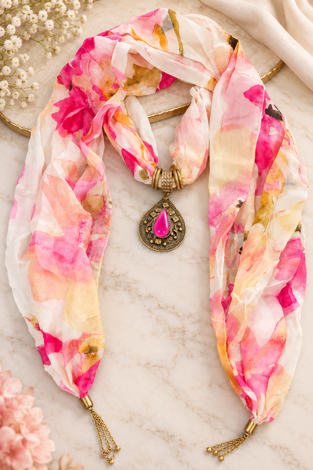 Rosewater Bloom — Floral Pendant Scarf