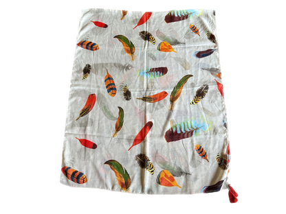 Beige with Orange Feathers Scarf with Tassels