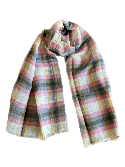 Grey & Pink Check Cotton Linen Scarf