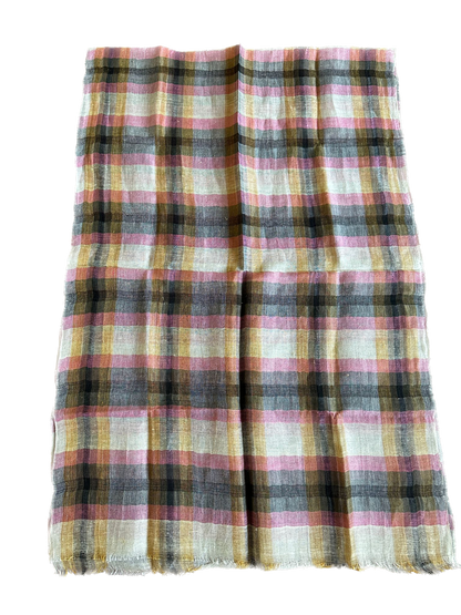 Grey & Pink Check Cotton Linen Scarf