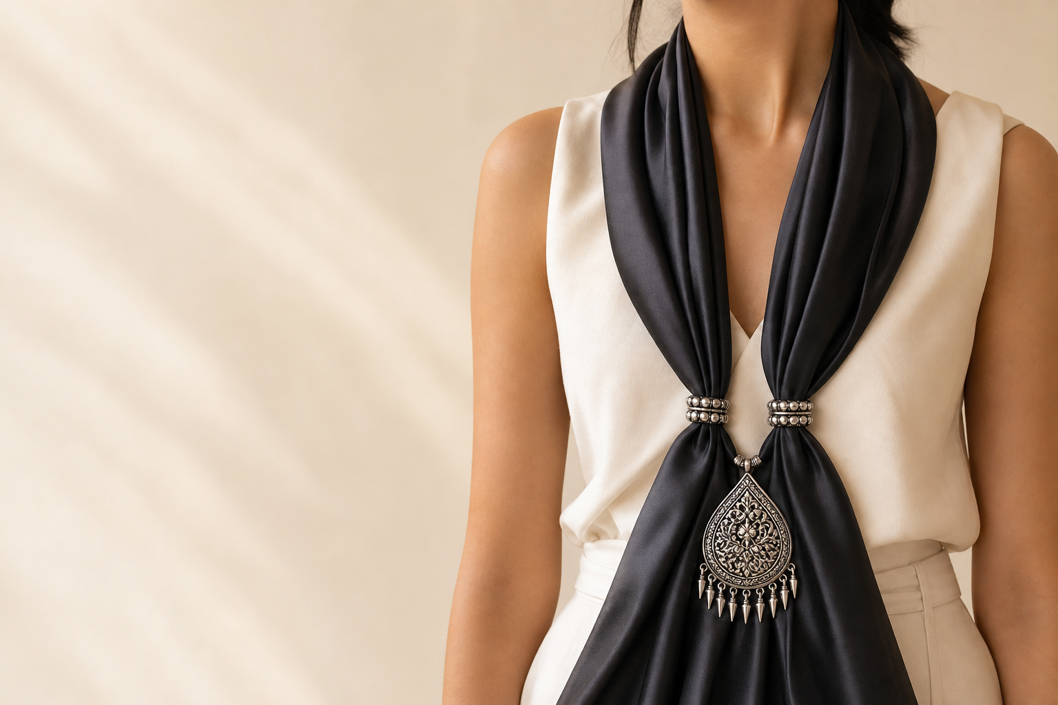 Model wearing black silk pendant stole