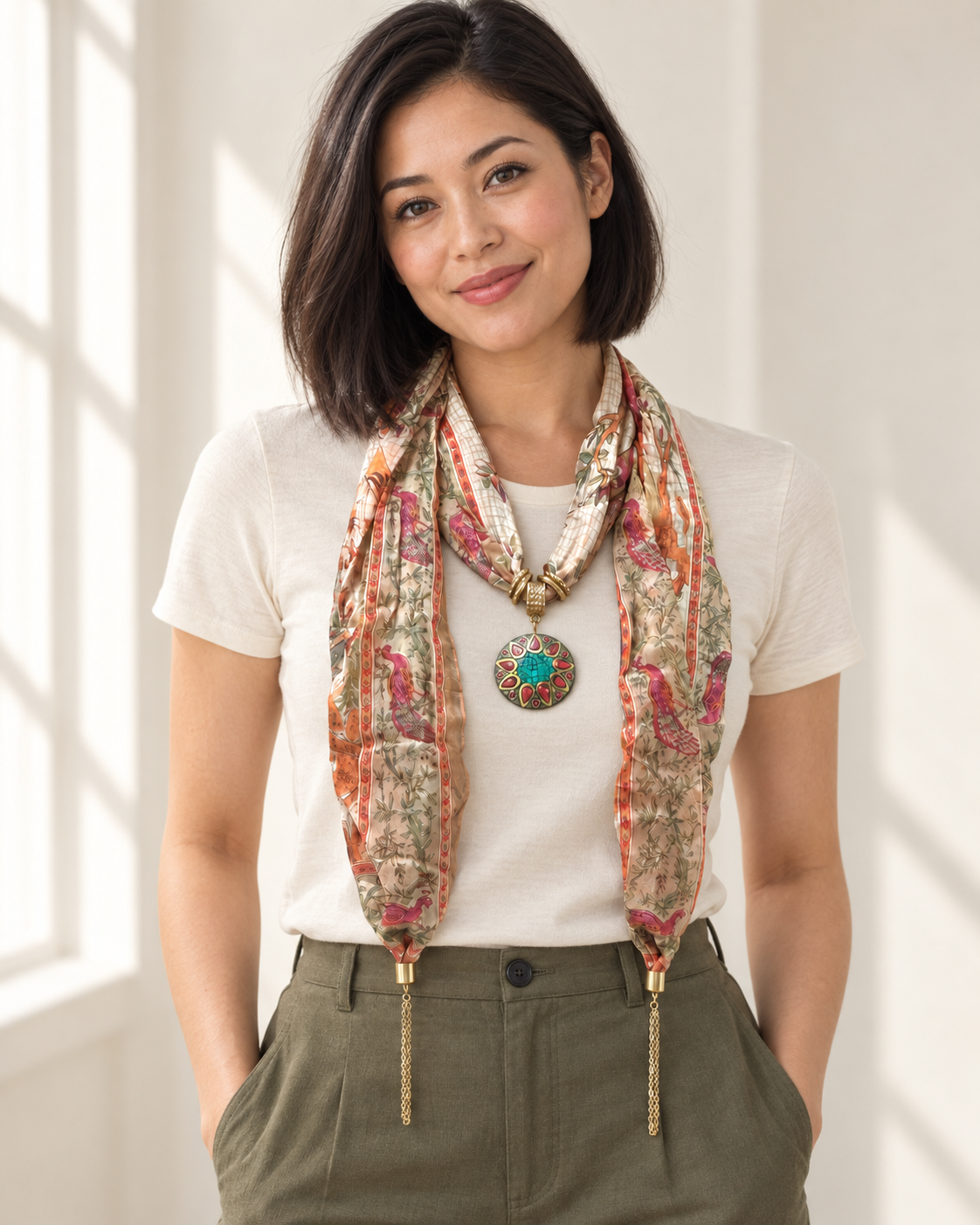 AI-assisted styling image: beige multicolor pendant scarf worn with an ivory tee and olive trousers