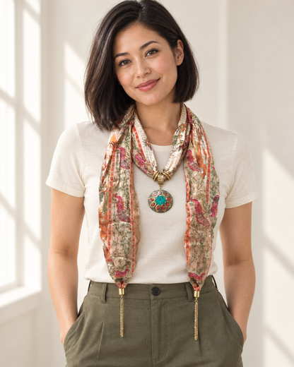 AI-assisted styling image: beige multicolor pendant scarf worn with an ivory tee and olive trousers