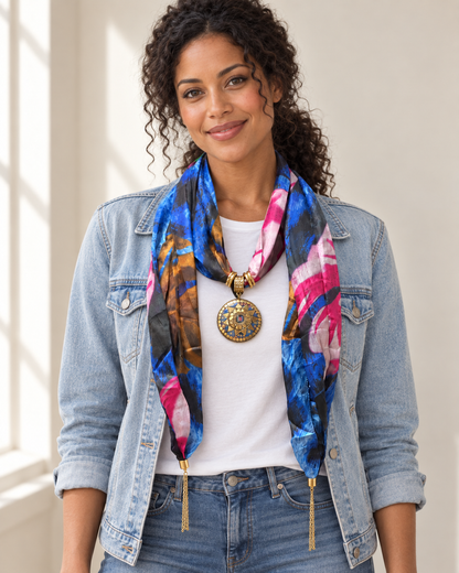 AI-assisted styling image: blue and pink pendant scarf worn with a denim jacket and white tee